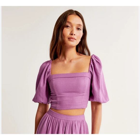 Abercrombie Fitch lilac purple puff sleeve peasant top XL linen cottage whimsy - Picture 1 of 6